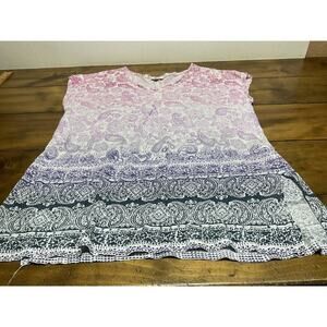 J Jill Shirt Womens Large Short Sleeve 100% Linen Love Paisley Pink Purple